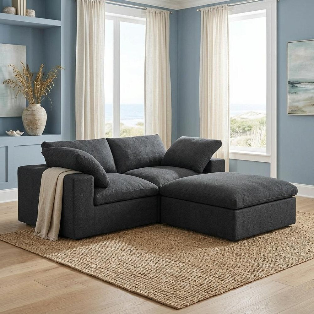 79" White and Black Linen Blend Modular Loveseat With Storage