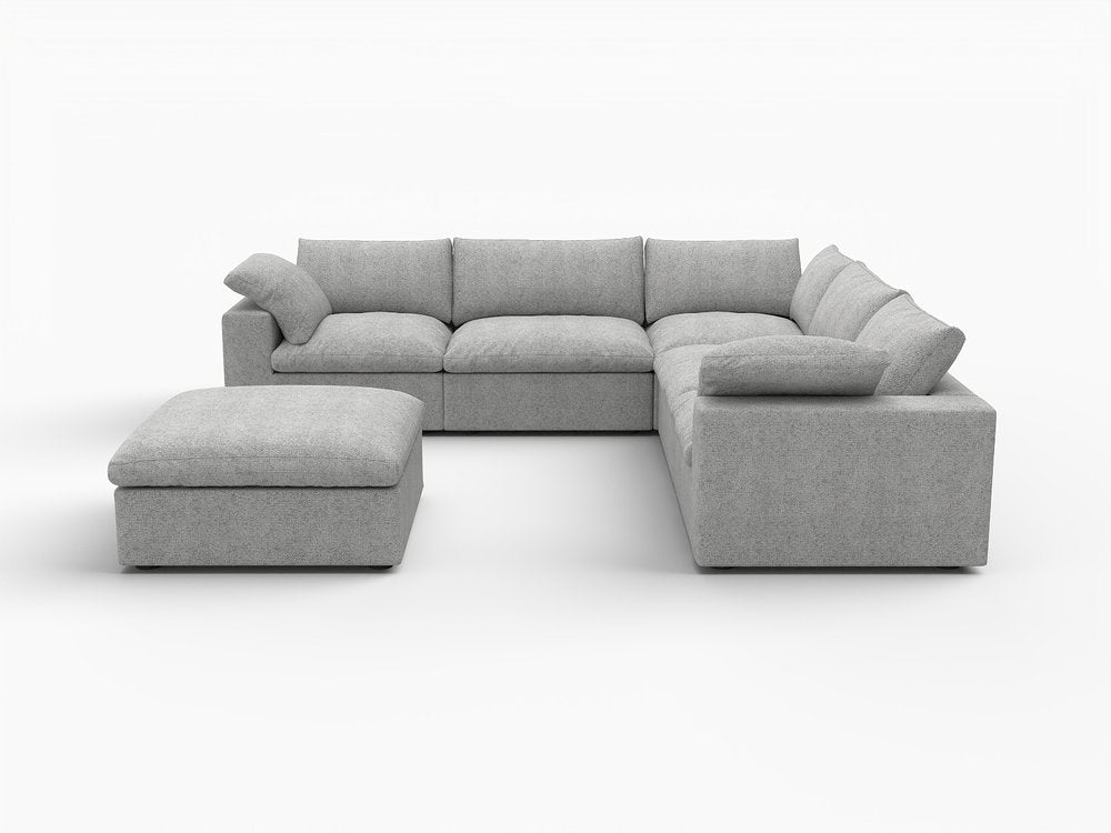 White Linen Blend Modular L Shaped Six Piece Corner Sectional With Ottoman