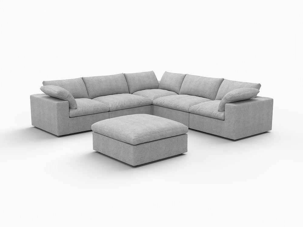 White Linen Blend Modular L Shaped Six Piece Corner Sectional With Ottoman on a white background