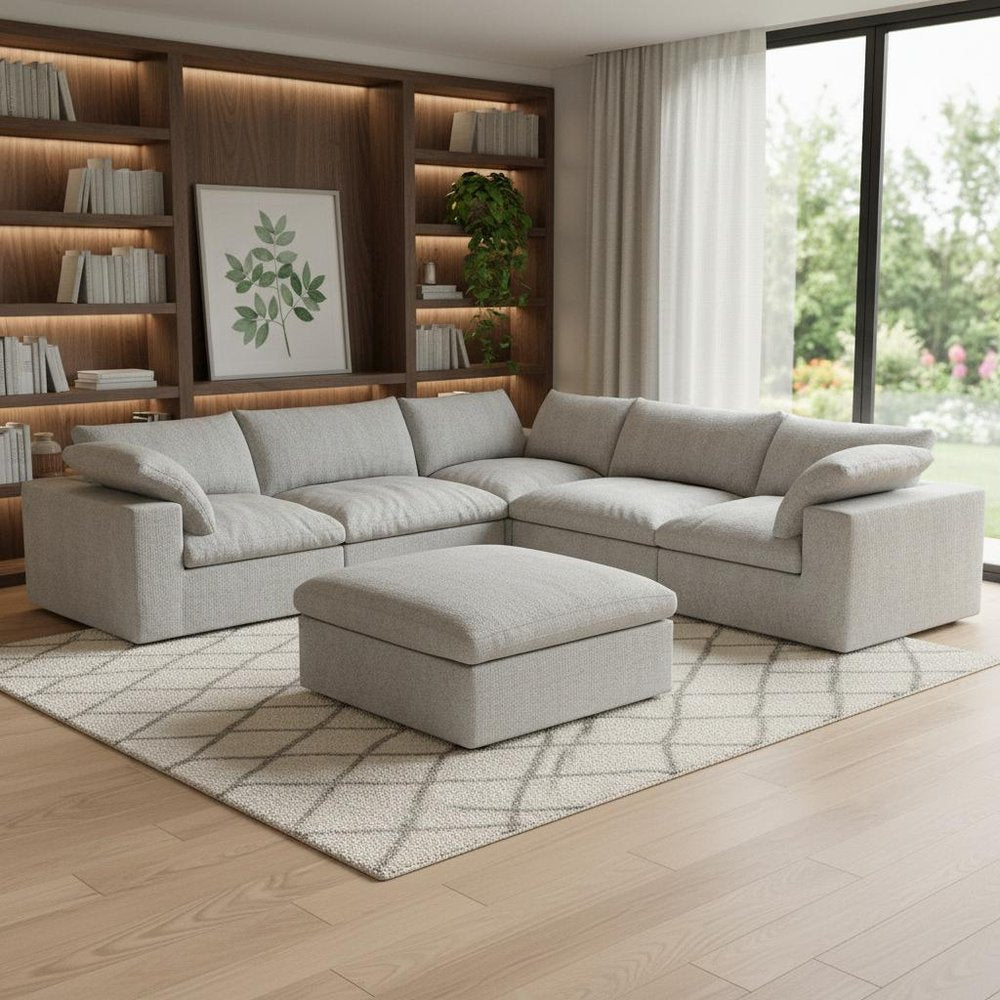 White Linen Blend Modular L Shaped Six Piece Corner Sectional With Ottoman in a home interior
