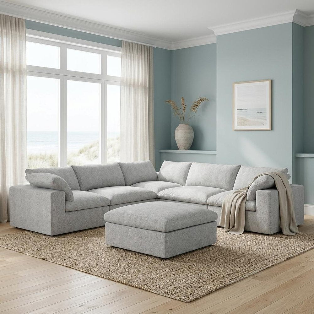 White Linen Blend Modular L Shaped Six Piece Corner Sectional With Ottoman on a white background