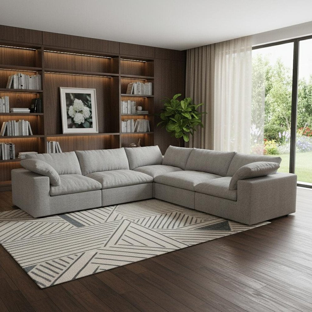 White Linen Blend Modular L Shaped Five Piece Corner Sectional in a home interior