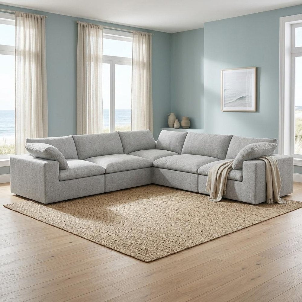 White Linen Blend Modular L Shaped Five Piece Corner Sectional on a white background