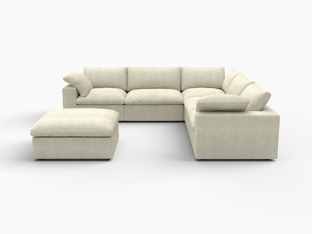 White Linen Blend Modular L Shaped Six Piece Corner Sectional With Ottoman