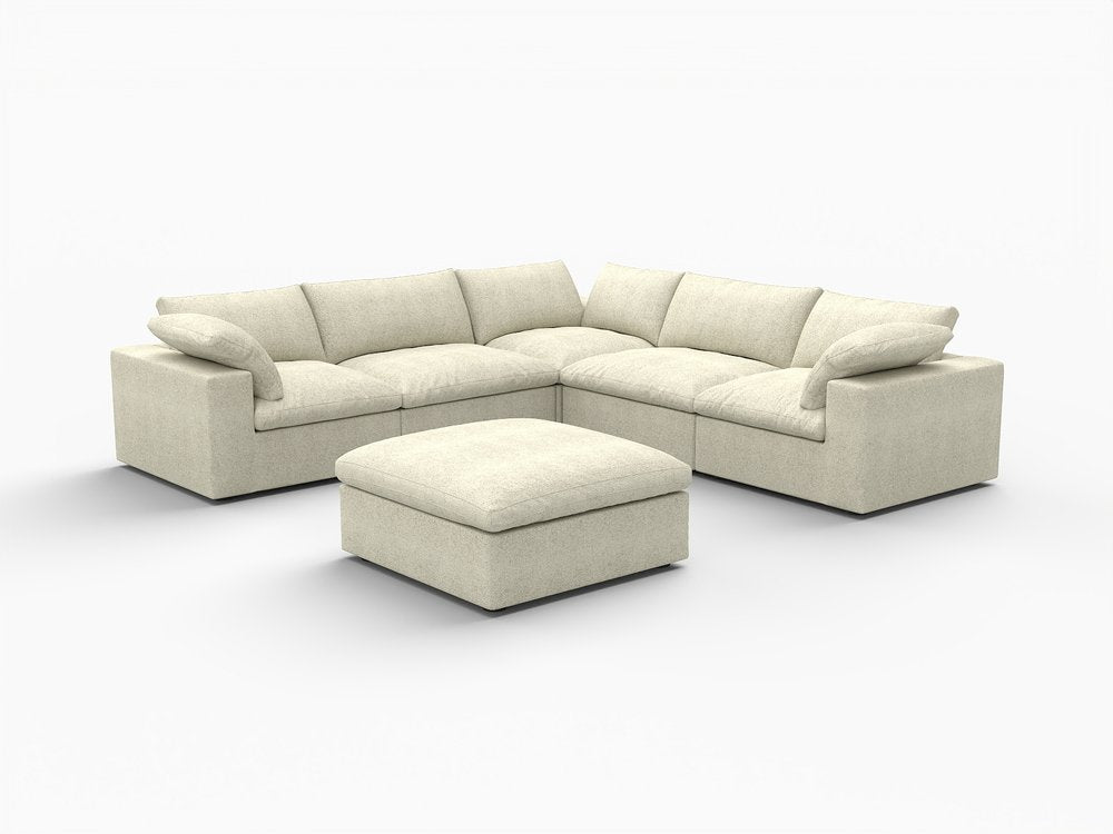 White Linen Blend Modular L Shaped Six Piece Corner Sectional With Ottoman on a white background