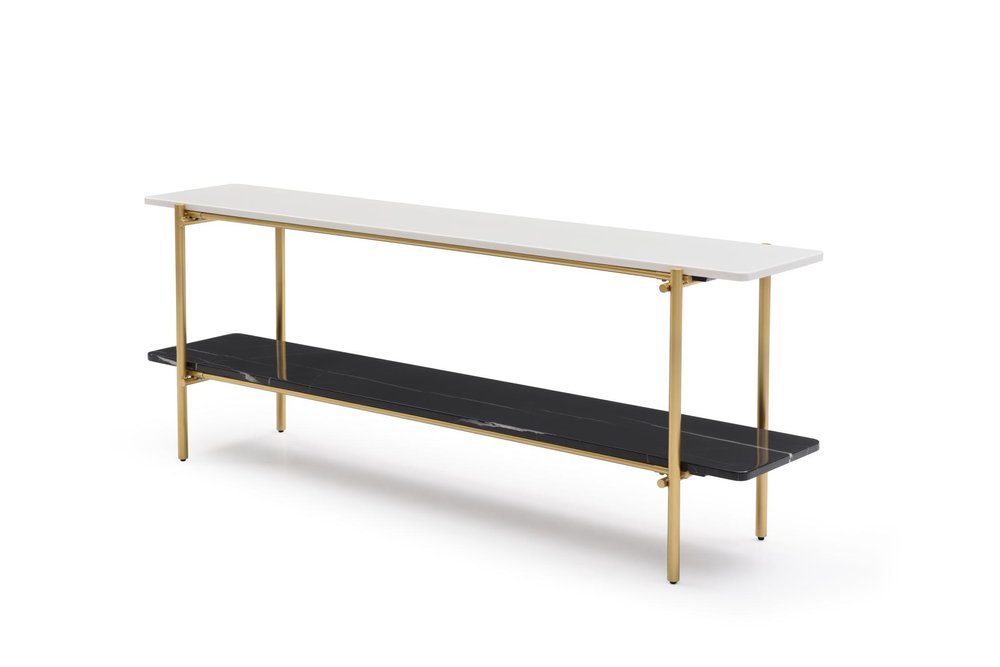 72" Black White And Gold Genuine Marble and Metal Console Table With Shelf on a white background