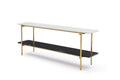 72" Black White And Gold Genuine Marble and Metal Console Table With Shelf on a white background