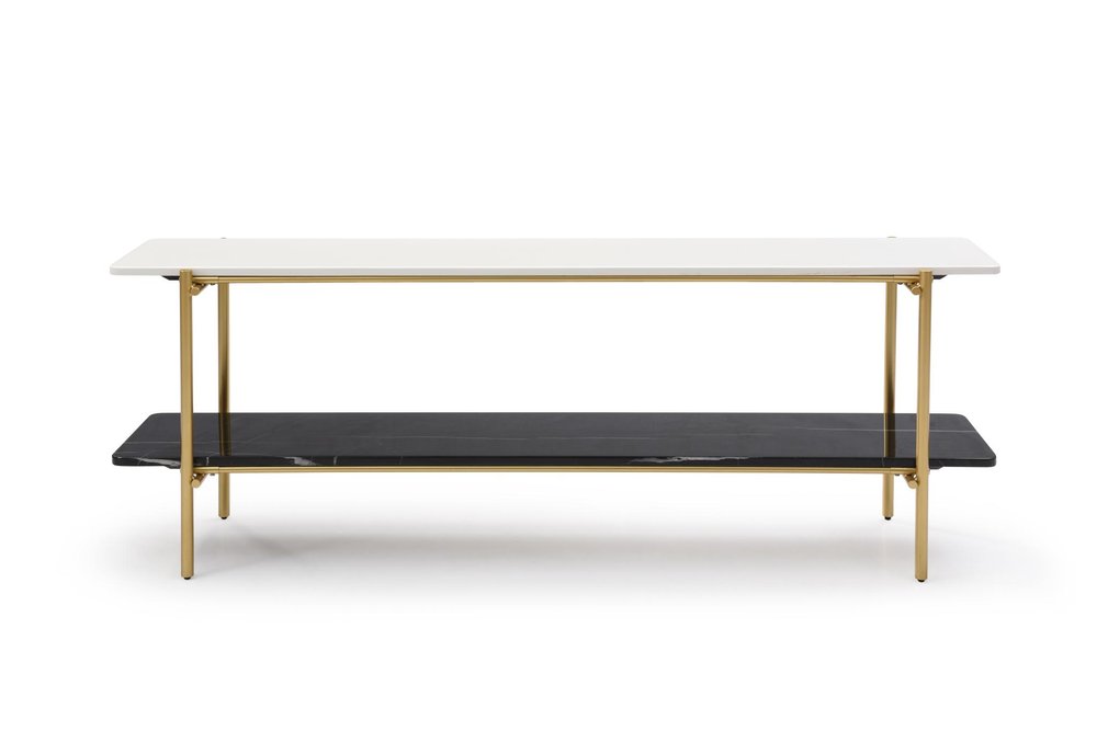 72" Black White And Gold Genuine Marble and Metal Console Table With Shelf on a white background