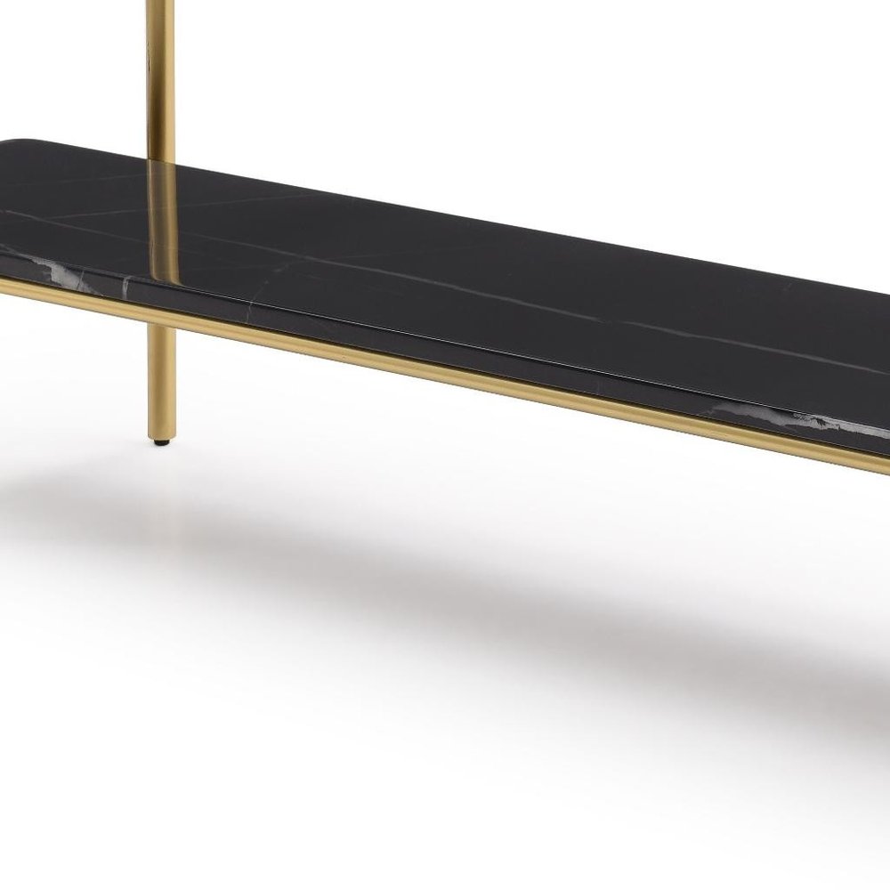 72" Black White And Gold Genuine Marble and Metal Console Table With Shelf on a white background