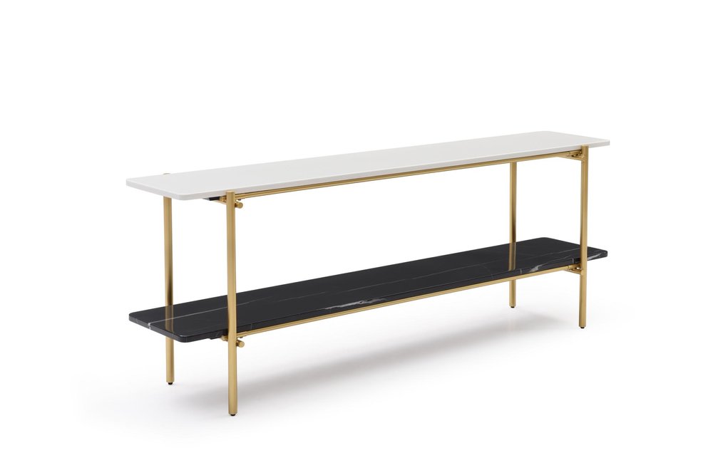 72" Black White And Gold Genuine Marble and Metal Console Table With Shelf on a white background