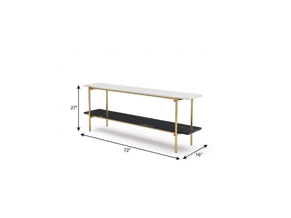 72" Black White And Gold Genuine Marble and Metal Console Table With Shelf on a white background