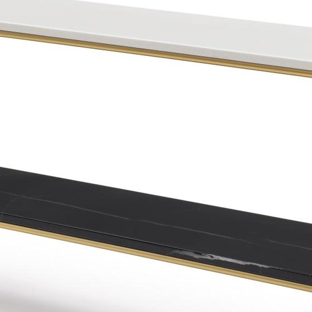 72" Black White And Gold Genuine Marble and Metal Console Table With Shelf on a white background
