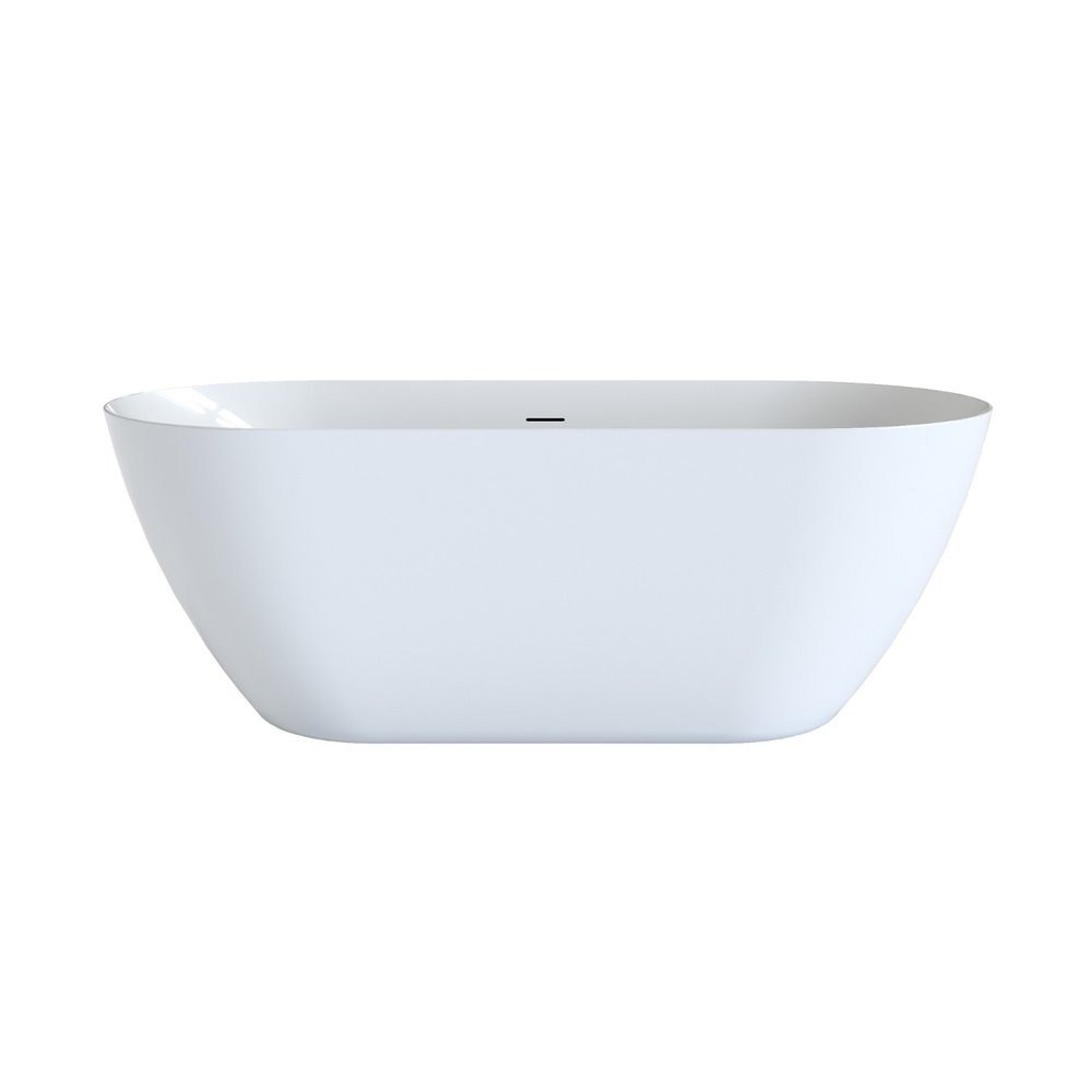 63" White Acrylic Oval Bath Tub. Bathtub isolated on a plain white background, showing its white color.