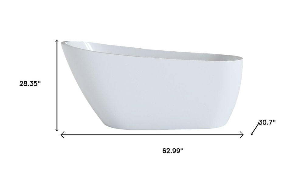 63" White Acrylic Oval Bath Tub. Bathtub isolated on a plain white background, showing its white color.
