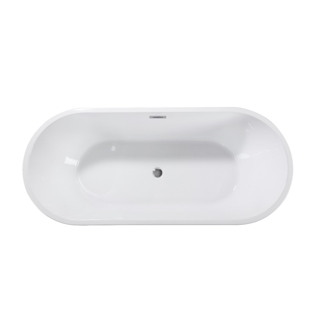 Top view of a white acrylic oval bathtub with a chrome drain and overflow.