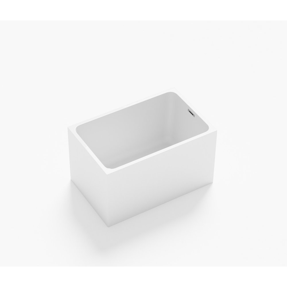 White acrylic bathtub with a minimalist design on a white background.