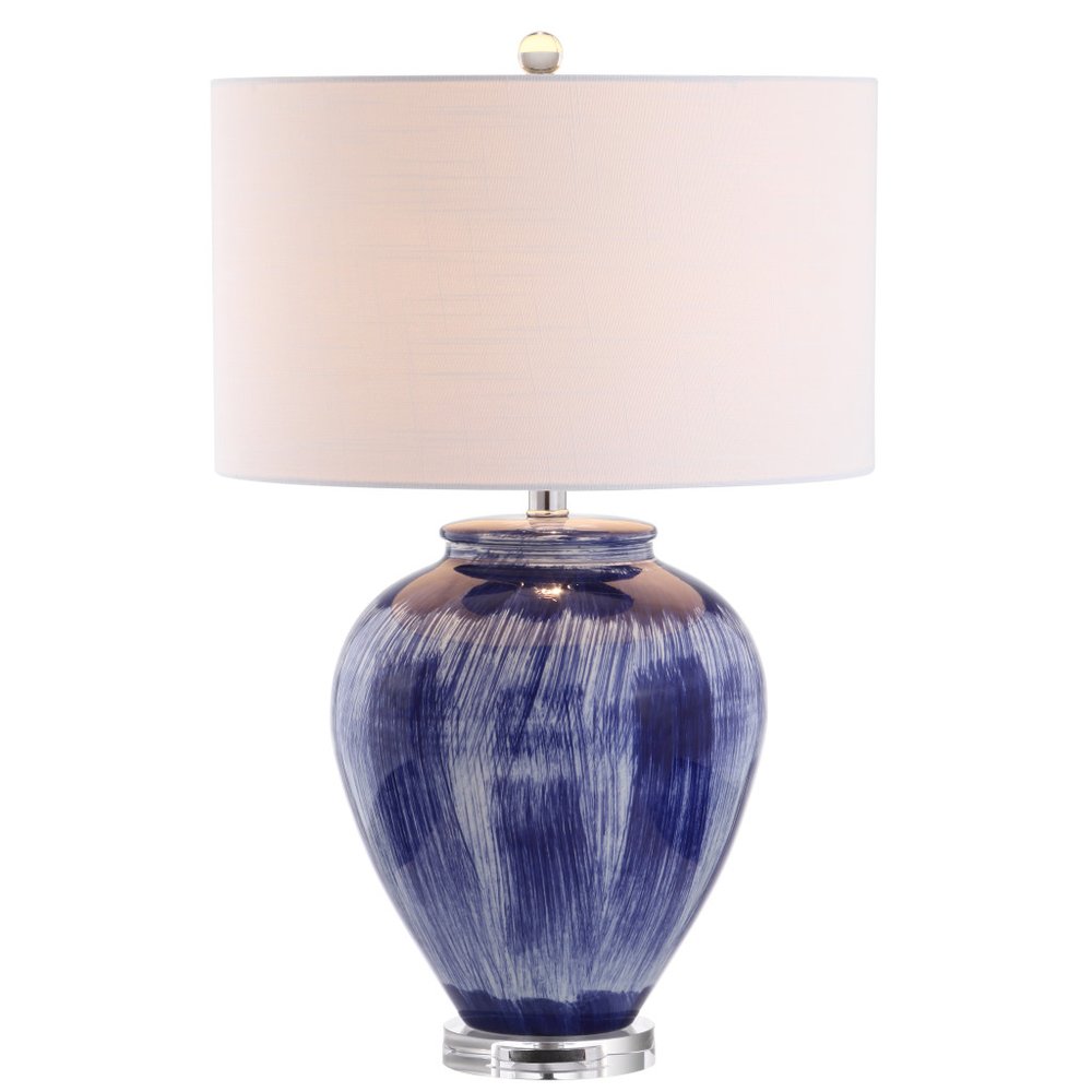 26" Blue And Clear Urn Table Lamp With Drum Shade. Table lamp isolated on a plain white background, finished in blue.