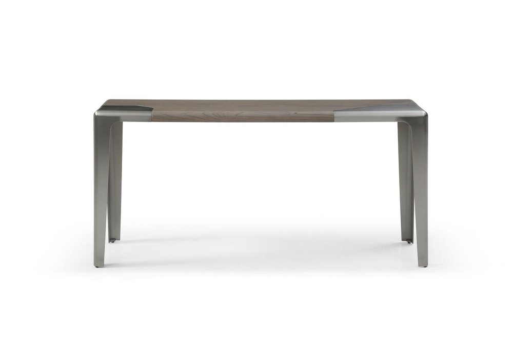 63" Light Gray and Nickel Wood and Stainless Steel Console Table. Console table isolated on a plain white background, finished in light gray metal.