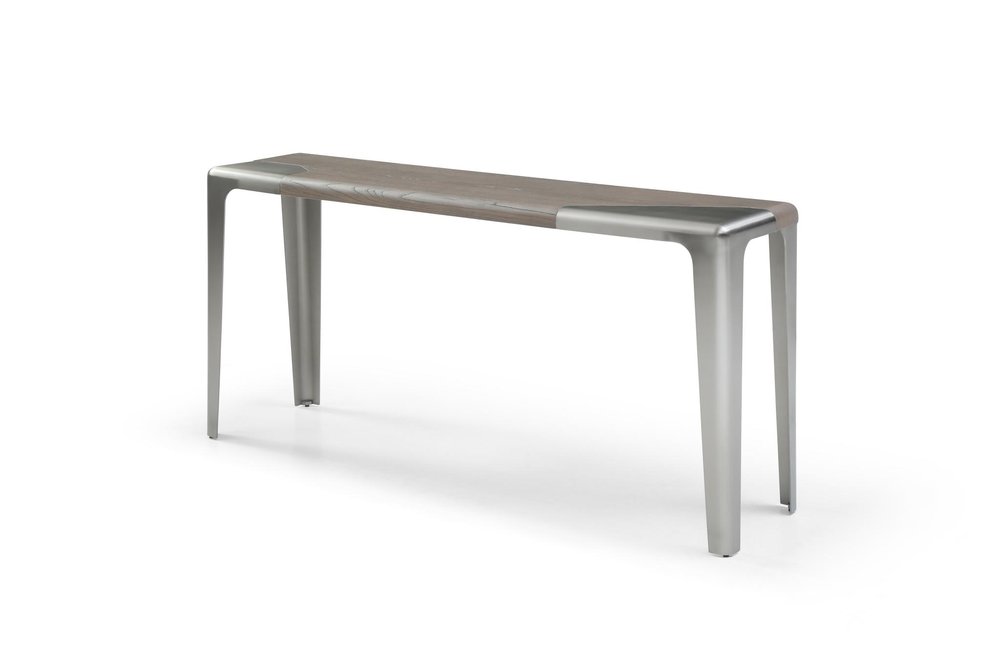 63" Light Gray and Nickel Wood and Stainless Steel Console Table. Console table isolated on a plain white background, in a light gray metal finish.