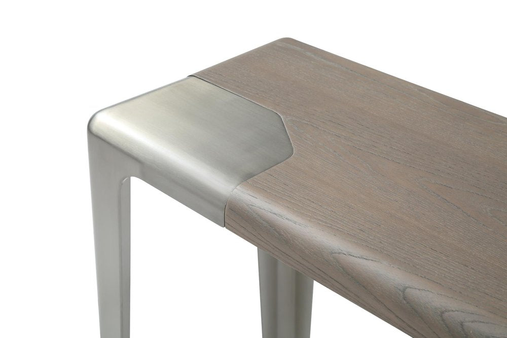 63" Light Gray and Nickel Wood and Stainless Steel Console Table. Console table isolated on a plain white background, finished in light gray metal.