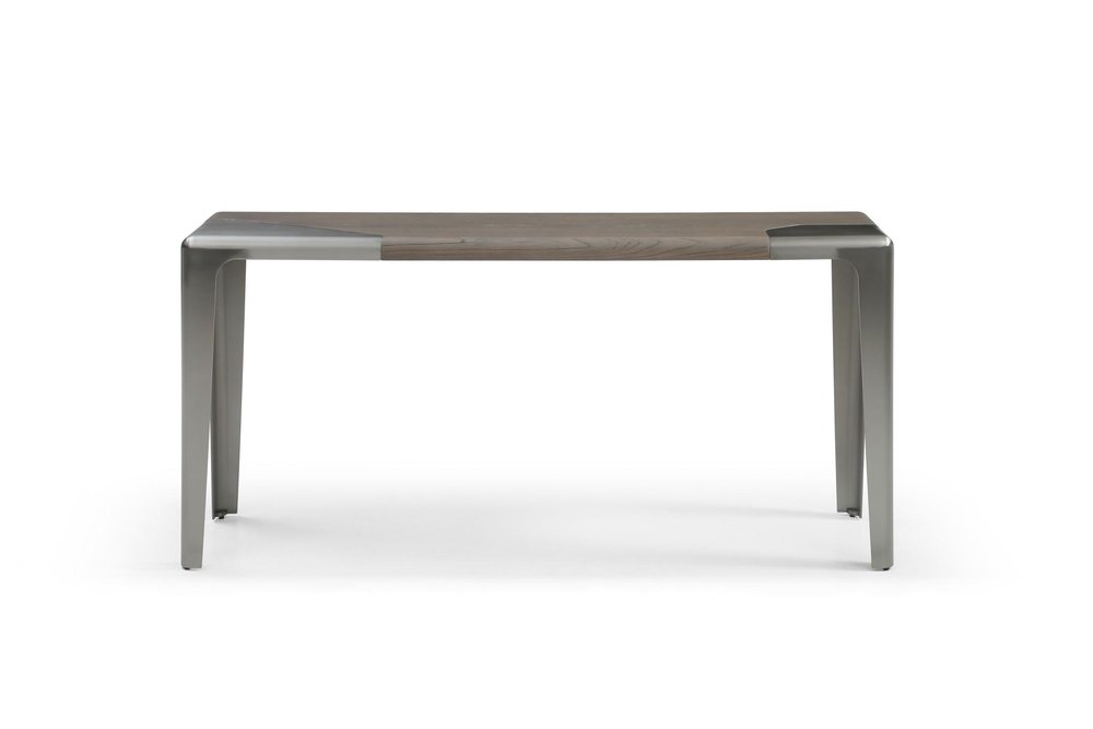 63" Light Gray and Nickel Wood and Stainless Steel Console Table. Console table isolated on a plain white background, showing a light gray metal surface.