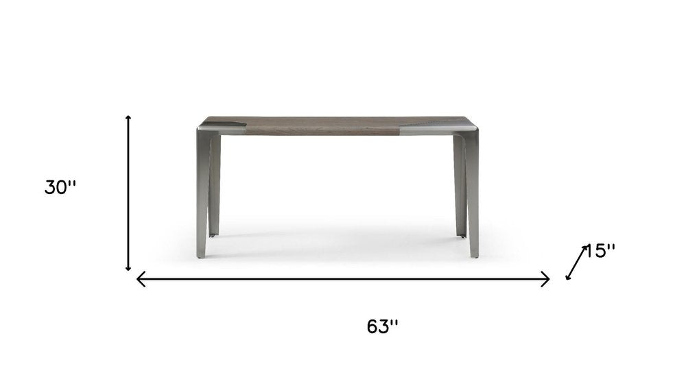 63" Light Gray and Nickel Wood and Stainless Steel Console Table. Console table isolated on a plain white background, in a light gray metal finish.