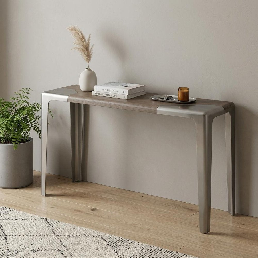 63" Light Gray and Nickel Wood and Stainless Steel Console Table. Console table in light gray metal.