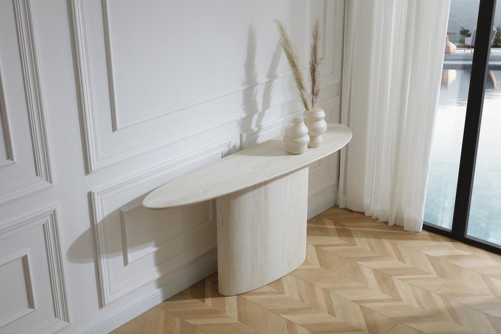 71" Beige Genuine Marble Oval Pedestal Console Table on a white background