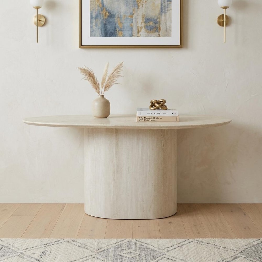 71" Beige Genuine Marble Oval Pedestal Console Table