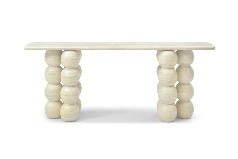 75" Beige Genuine Marble Double Pedestal Console Table on a white background