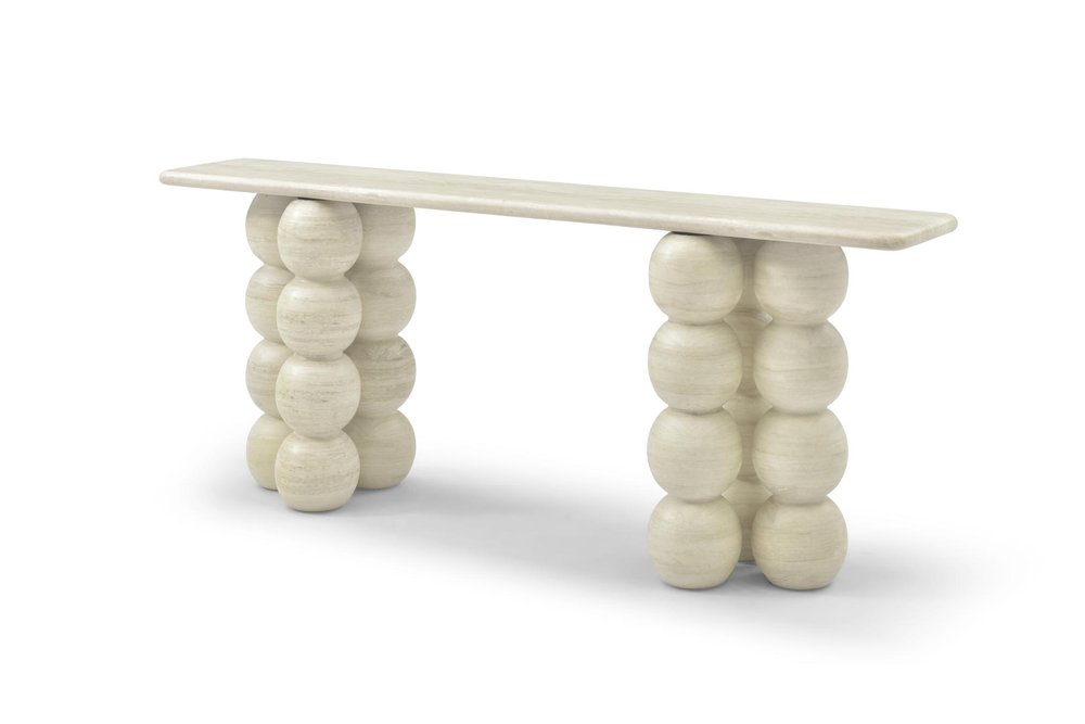 75" Beige Genuine Marble Double Pedestal Console Table on a white background