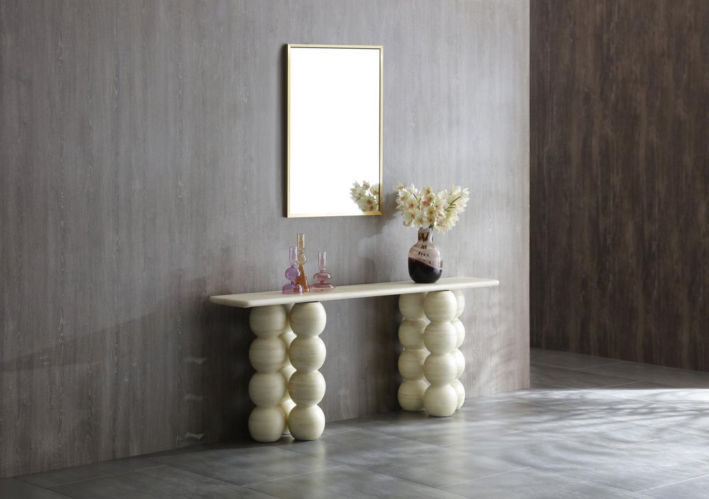 75" Beige Genuine Marble Double Pedestal Console Table in a home interior