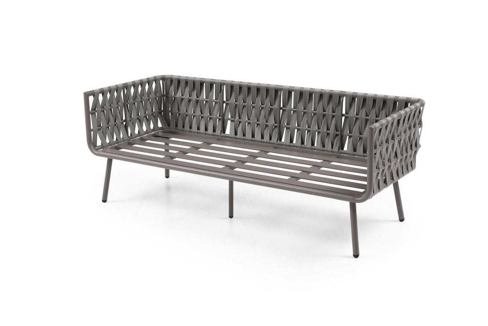 Four Piece Gray and Taupe Metal Upholstered Cushions Sofa Seating Group With Table