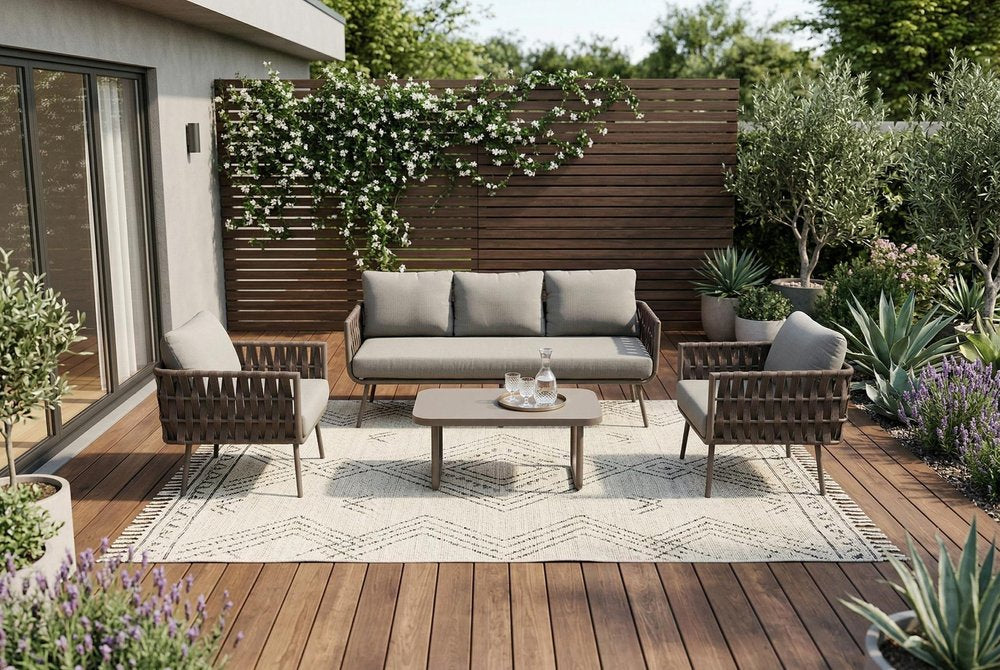 Four Piece Gray and Taupe Metal Upholstered Cushions Sofa Seating Group With Table