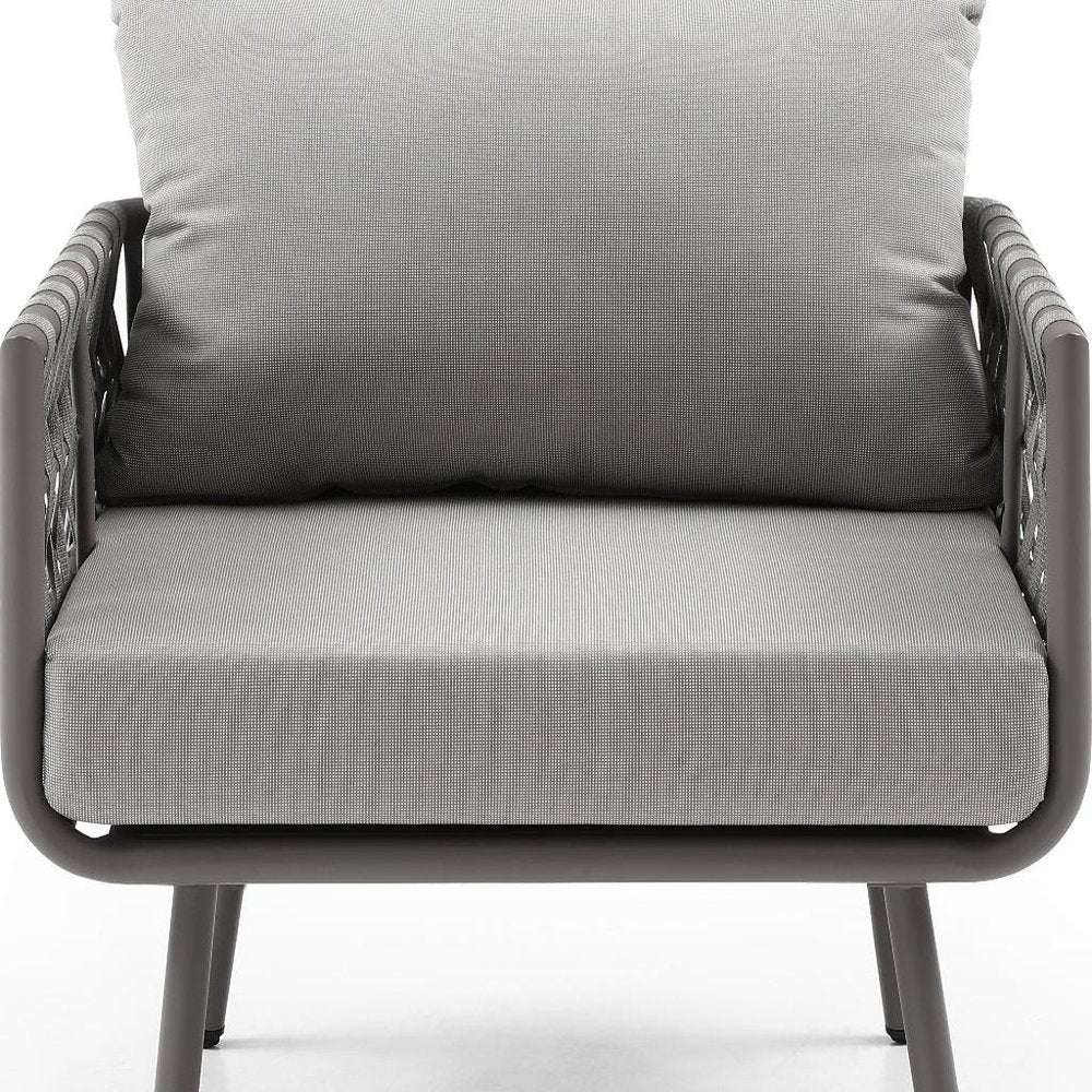 Four Piece Gray and Taupe Metal Upholstered Cushions Sofa Seating Group With Table