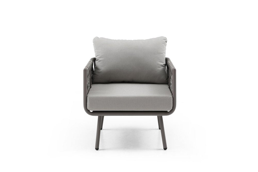 Four Piece Gray and Taupe Metal Upholstered Cushions Sofa Seating Group With Table