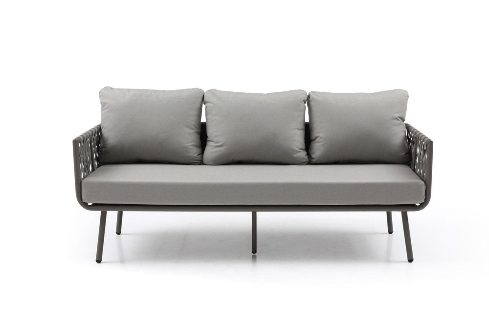Four Piece Gray and Taupe Metal Upholstered Cushions Sofa Seating Group With Table