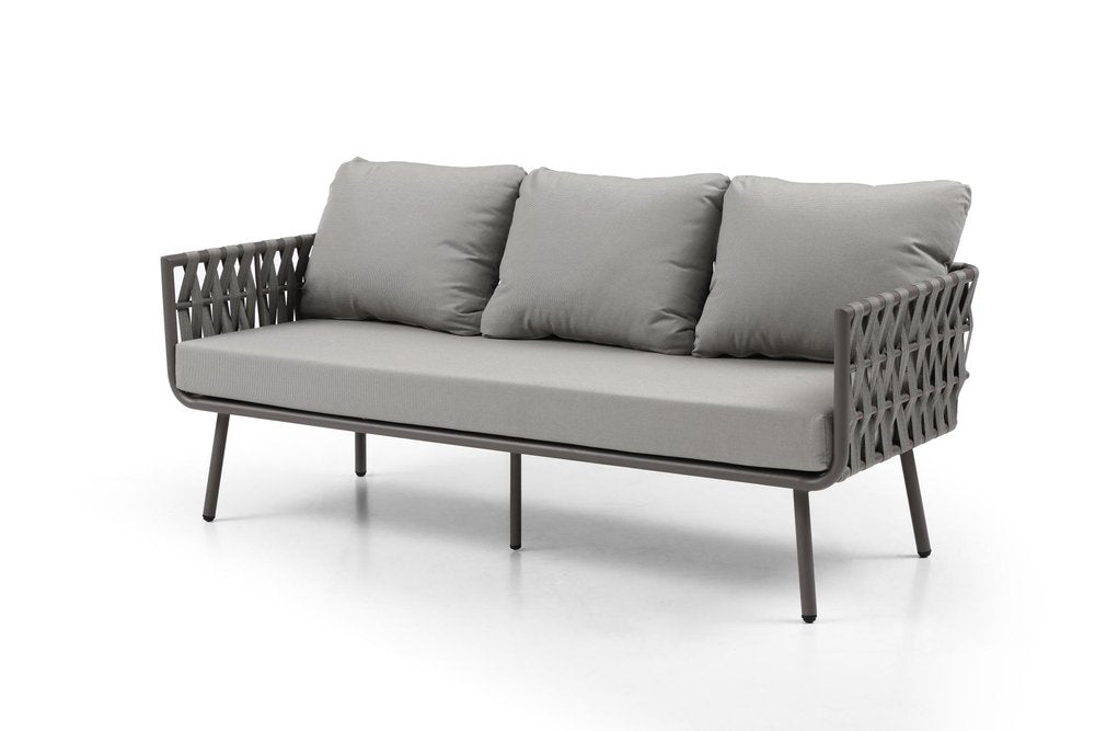 Four Piece Gray and Taupe Metal Upholstered Cushions Sofa Seating Group With Table