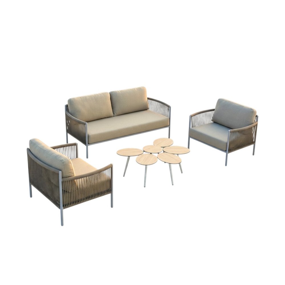 Four Piece Light Gray and Taupe Metal Upholstered Cushions Sofa Seating Group With Table on a white background
