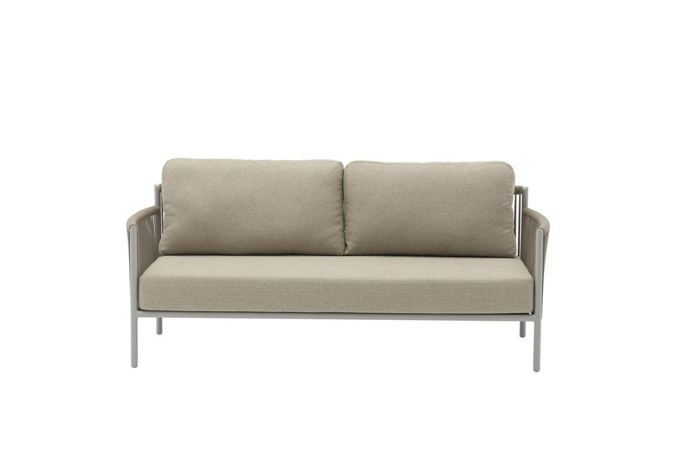 Light gray metal sofa with taupe upholstered cushions and woven arms on a white background.