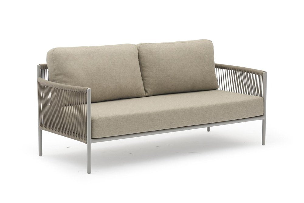 Four Piece Light Gray and Taupe Metal Upholstered Cushions Sofa Seating Group With Table on a white background