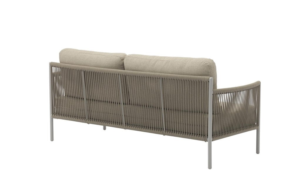 Four Piece Light Gray and Taupe Metal Upholstered Cushions Sofa Seating Group With Table