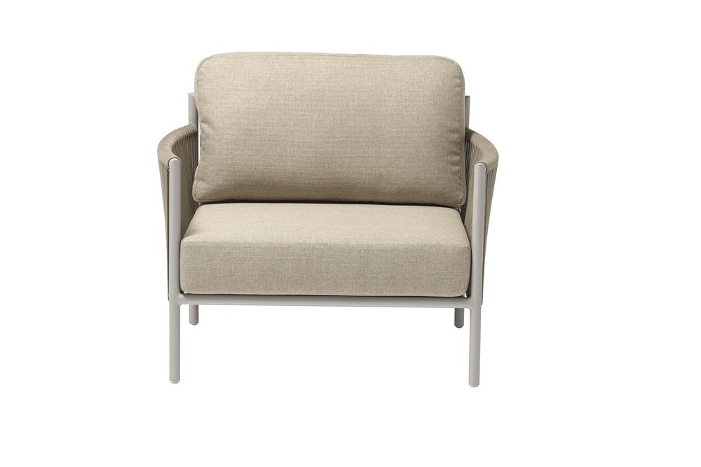 Four Piece Light Gray and Taupe Metal Upholstered Cushions Sofa Seating Group With Table
