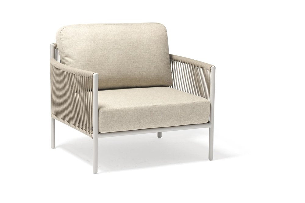 Four Piece Light Gray and Taupe Metal Upholstered Cushions Sofa Seating Group With Table on a white background