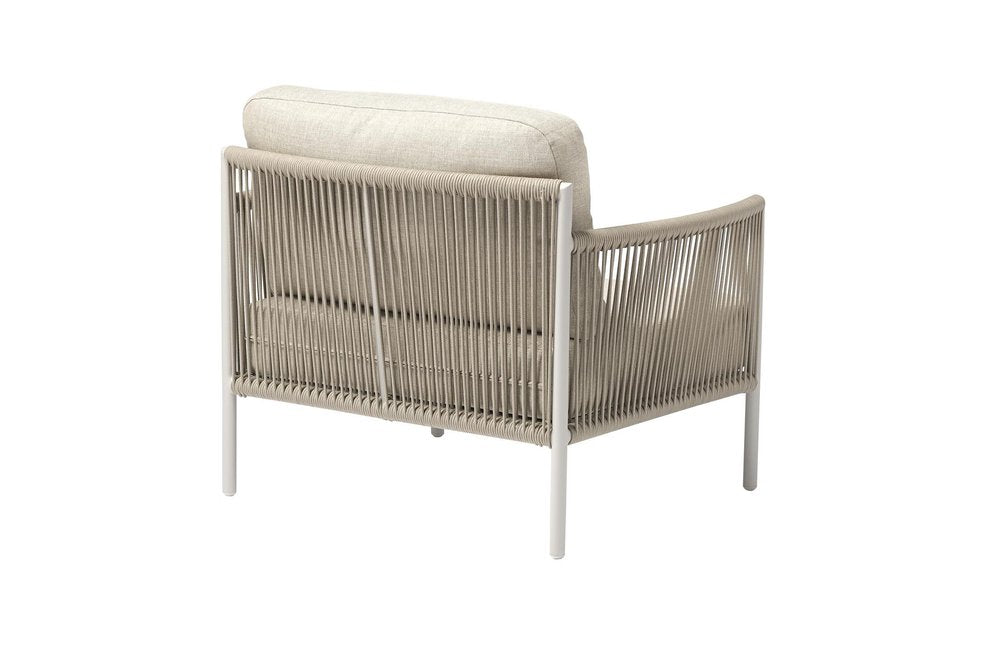 Four Piece Light Gray and Taupe Metal Upholstered Cushions Sofa Seating Group With Table on a white background