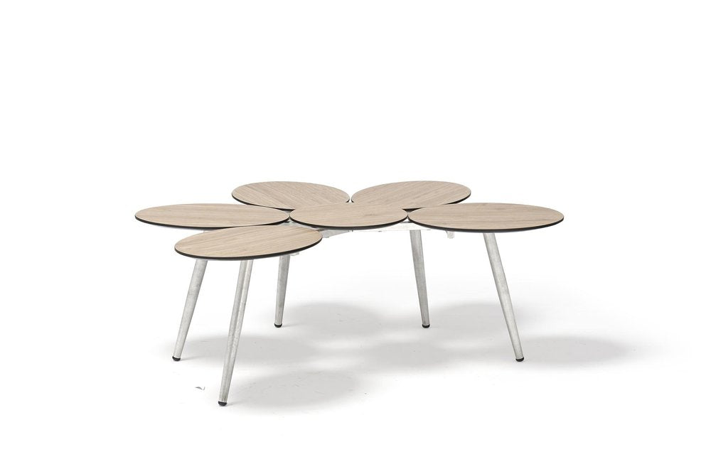 Four Piece Light Gray and Taupe Metal Upholstered Cushions Sofa Seating Group With Table on a white background