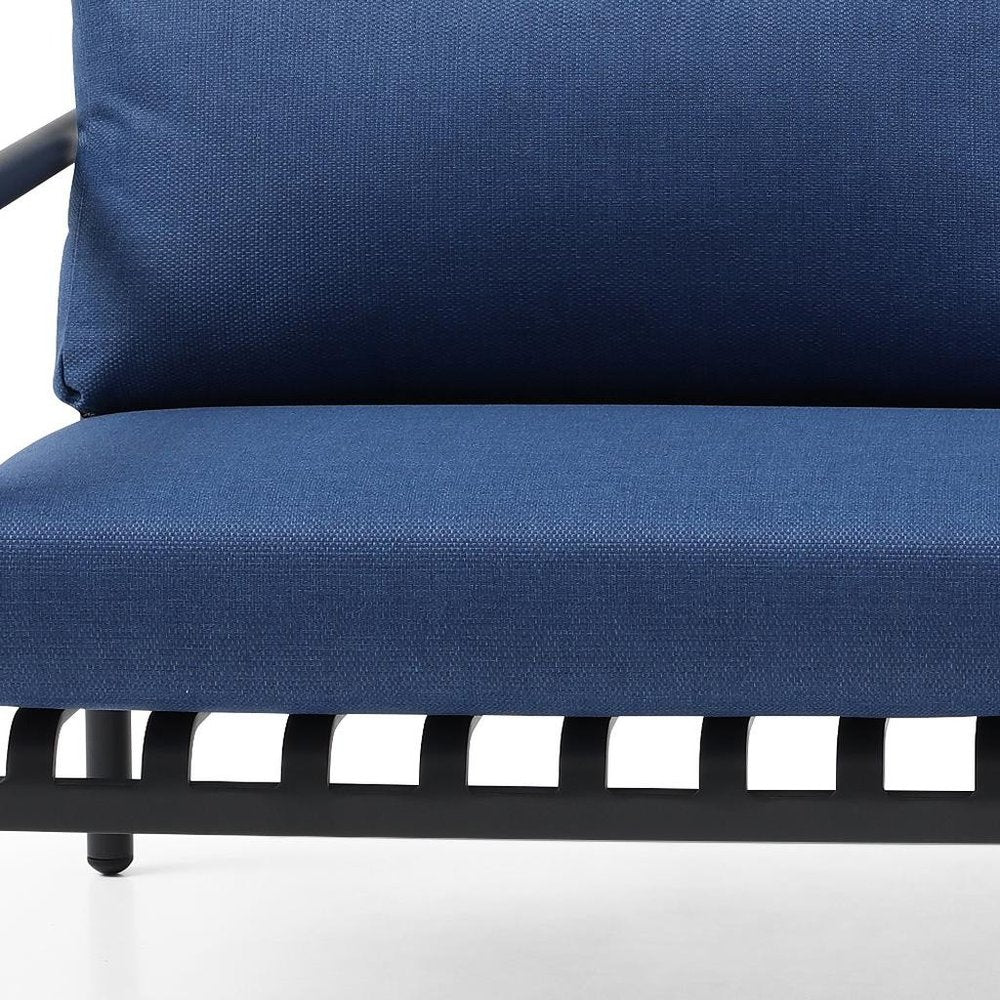 Four Piece Dark Gray and Blue Metal Upholstered Cushions Sofa Seating Group With Table