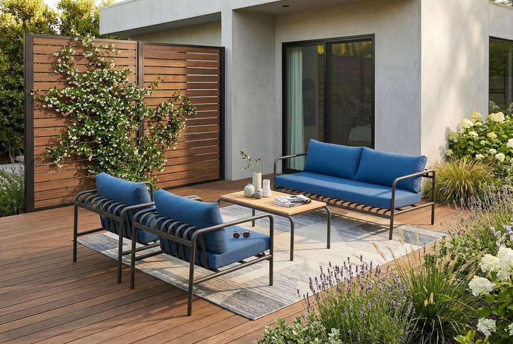 Four Piece Dark Gray and Blue Metal Upholstered Cushions Sofa Seating Group With Table