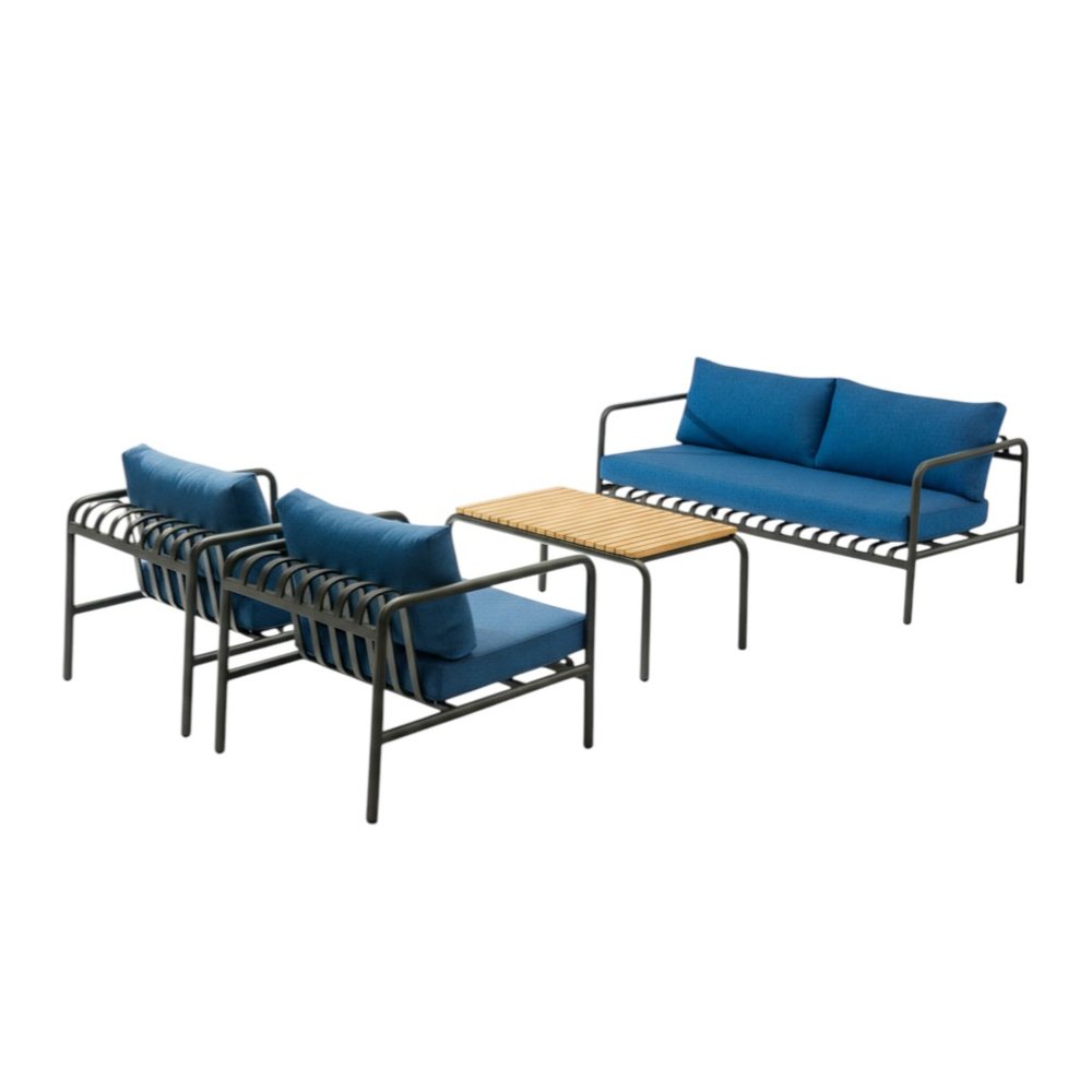 Four Piece Dark Gray and Blue Metal Upholstered Cushions Sofa Seating Group With Table