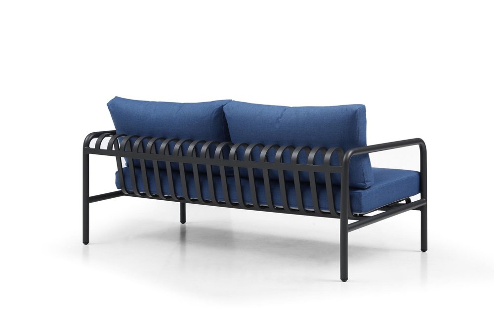 Four Piece Dark Gray and Blue Metal Upholstered Cushions Sofa Seating Group With Table
